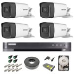 Sistem supraveghere video exterior complet Hikvision 4 camere Turbo HD 5 MP 80 m IR cu toate accesoriile, HDD 1tb, Hikvision