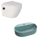 Set vas wc alb suspendat rimless cu functie de bideu, baterie negru mat si capac soft close, Foglia Oslo, plus lavoar verde turcoaz mat dreptunghiular, Foglia