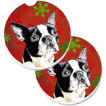 Caroline`s Treasures Boston Terrier Red Green Fulgi de zăpadă Crăciun Set de 2 Cupa Titular Car Coasters Roşu Large, 