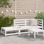 vidaXL Canapea de grădină cu taburet și 2 locuri, alb, lemn masiv pin, vidaXL