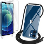 Set de husa cu snur si 2 folii de protectie pentru iPhone 12 Pro YIRSUR, plastic/sticla/metal, transparent/negru