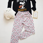 Pijama dama ieftina bumbac cu bluza cu maneca lunga neagra si pantaloni lungi albi cu imprimeu SY Peanuts