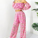 Compleu de vara Bouquet, pantaloni lejeri si camasa cu volane, Roz, Marimea S/M/L, FashionForYou