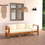 Canapea gradina cu 3 locuri vidaXL, perne alb/crem, lemn masiv acacia, 61 x 63 x 60 cm, 29 kg