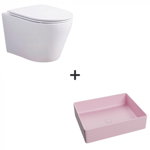 Set vas wc rimless cu capac soft close Oslo plus lavoar baie dreptunghiular roz mat, Foglia