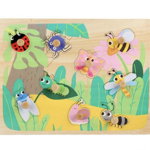 Puzzle incastru cu piese groase pentru copii Insecte, 9 piese, multicolor, din lemn, Krista