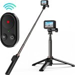 Selfie stick Telesin pentru camere video sport GoPro, USB-C, 65 mAh, Aluminiu, Reglabil, 60cm, Telecomanda inclusa, Negru, Telesin