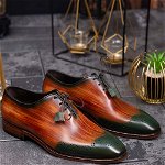 Pantofi eleganti barbatesti din piele naturala, maro - varf verde - P1310, 