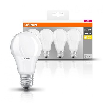 Set 4 becuri LED Osram A60 E27 9W 60W 806 lm mat lumina calda