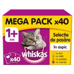 WHISKAS Selecții Pasăre Maxi Pack, 4 arome, pachet mixt, plic hrană umedă pisici, (în aspic), 100g x 40, Whiskas