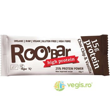 Baton Proteic cu Fulgi de Ciocolata si Vanilie Raw fara Gluten Ecologic/Bio 60g, ROOBAR