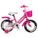 Bicicleta fete Rich Baby R1208A, roata 12", C-Brake, cosulet, roti ajutatoare cu LED, 2-4 ani, fucsia/alb, RICH BABY