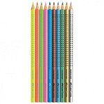 Set cadou Racheta 5 creioane color Grip neon + 5 metalizate, Faber-Castell, Faber-Castell