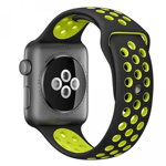 Curea sport perforata, Compatibila cu Apple Watch 1/2/3/4, Bratara din Silicon, 40mm, Negru-Verde, REDMobile