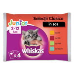 WHISKAS Selecții Clasice Junior, 4 arome, pachet mixt, plic hrană umedă pisici junior, (în sos), 100g x 4, Whiskas