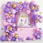 Set baloane ghirlanda Arch Kit 108 piese violet, roz, auriu cu confetti.