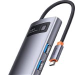 Adaptor Metal Gleam 4in1, Baseus, HUB USB-C - 3x USB 3.0, RJ45, Gri, Baseus