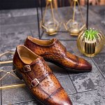 Pantofi Loafers de bărbați din piele naturala, Maro cu model - P1594, 