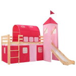 Cadru pat etajat copii cu tobogan si scara vidaXL, 208 x 230 cm, lemn pin, roz