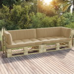 Set canapea din paleti cu 2 locuri vidaXL, cu perne, lemn pin verde tratat, 24.96 kg, 110 x 66 x 55 cm, Bej