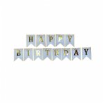 Banner Happy Birthday carton alb gri cu sclipici