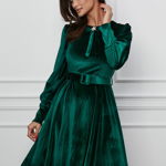 Rochie Dy Fashion verde din catifea cu funda la bust si curea in talie, 