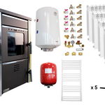 Pachet incalzire si apa calda Termosemineu pe lemne FORNELLO TOROS 29 kw Ivory pe combustibil solid ( lemn,carbune,bricheti ), calorifere aluminiu, boiler termoelectric 100l, vas expansiune si kit montaj, Fornello