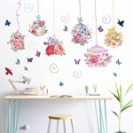 Sticker decorativ pentru sufragerie sau dormitor, sticker de perete cu flori colorate ?i colivii pentru pasari, Neer