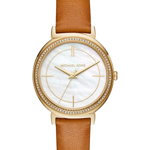 Ceasuri Femei MICHAEL Michael Kors Womens Cinthia Three-Hand Gold-Tone and Brown Leather Watch 33mm NO COLOR