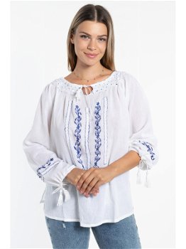 Bluza dama din bumbac alb cu motiv traditional albastru