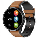 Smartwatch DualStore iSEN Watch M10 Negru cu bratara maro deschis din piele, 1.3", ECG, PPG, Ritm cardiac, Presiune sanguina, Temperatura, Apelare