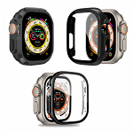 Set 3 huse pentru Apple Watch Ultra de 49mm tip rama din sticla securizata tip rama din silicon moale elecroplacat tip bumper din silicon negru, krasscom