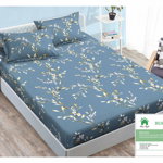 Husa de pat cu elastic 140x200 din Bumbac Finet + 2 Fete de Perna - Albastru Cu Floricele Albe, 