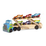 Camion de remorcare din lemn Melissa & Doug cu 6 mașini de curse (12759), Melissa & Doug