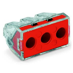 PUSH WIRE® connector for junction boxes; for solid and stranded conductors; max. 6 mm²; 3-conductor; transparent housing; red cover; Surrounding air temperature: max 60°C; 6,00 mm², Wago