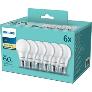 Pachet 6 becuri LED Philips, E27, 8W (60W), 806 lm, lumina alba calda (2700K), clasa energetica F