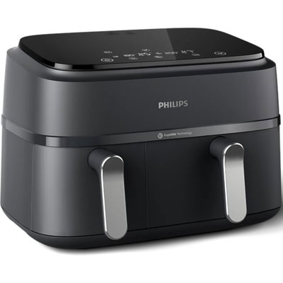 Philips Friteuza dubla fara ulei Philips Airfryer Seria 3000 NA351/00, tehnologia Rapid Air, 2 recipiente de 2 dimensiuni, afisaj digital, 8 presetari, capacitate 9 litri, 2750 W, cronometru, compatibila cu HomeID, Negru, Philips