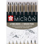 Set 6 linere si 2 carioci - Pigma Micron Grey | Sakura, Sakura
