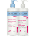 Set Dexeryl, lapte de corp hrănitor, 500 ml + cremă de curățare pentru duș pentru bebeluși, copii și adulți, piele foarte uscată și atopică, 500 ml, 