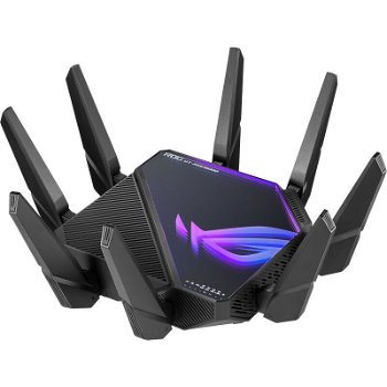 Router Gaming Wireless ASUS ROG Rapture GT-AXE16000, AXE16000, Quad-Band, Quad-Core 2.0GHz CPU, 256MB 2GB Flash RAM, 10G dual-port, AiProtection Pro, Adaptive QoS, VPN Fusion, IPTV, OFDMA, MU-MIMO, Be
