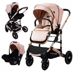 Carucior 3 in 1 L-Sun, reversibil, cu suspensii, cu scoica, geanta, parte sport transformabila in landou, F6 Luxury Cream