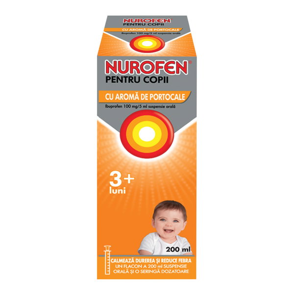 Nurofen copii aroma portocale 100mg/5ml, 200 ml suspensie orala