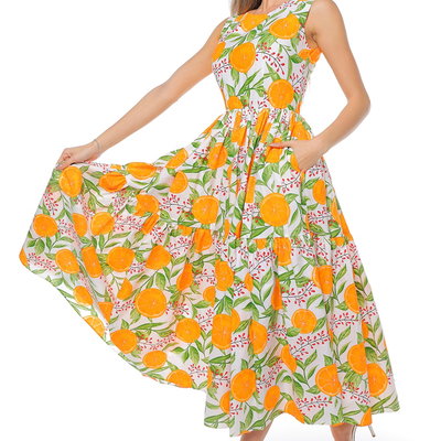 Rochie evazata fara maneci cu buzunare laterale - Alb/Verde/Portocaliu, CAMISSI
