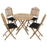 Set mobilier de exterior cu 1 masa rotunda si 4 scaune cu perne negre, vidaXL, Bambus, 80 x 70 cm, Maro
