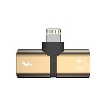 Mini Adaptor iUni compatibil cu Apple iPhone, Lightning Splitter, Dual port, Adaptor Casti si Incarcare, Gold