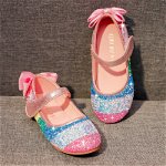 Pantofi draguti pentru fetite, tip printesa, cu paiete stralucitoare si talpa flexibila, din piele ecologica, Neer