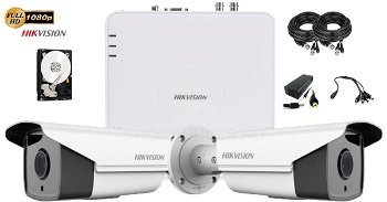 Kit complet supraveghere video Hikvision 2 camere 1080p FullHD, IR 80M, HDD 500GB, HIKVISIONKIT