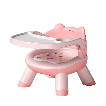 Scaun de masa Karemi, pentru bebe, multifunctional, cu tavita, din PVC, roz, Karemi