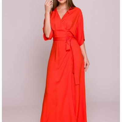 Rochie petrecuta maxi cu curea in talie - - Coral, Stylove