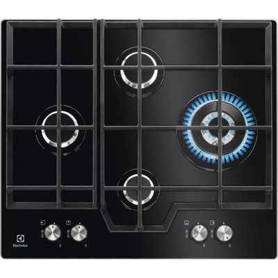 Plita incorporabila Electrolux KGG6456K Gaz 4 zone de gatit Aprindere electrica Arzator Wok Siguranta Gratare fonta 60 cm Sticla neagra